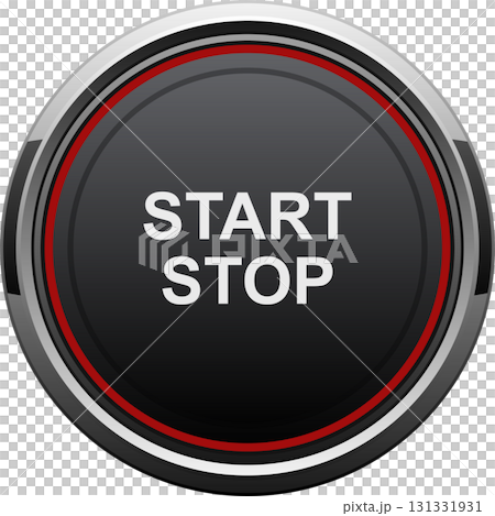 A shiny gray button surrounded with a red stripe and that has the words START STOP on it. 131331931