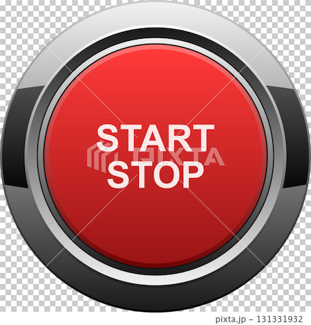 A vibrant red button, framed in silver, displays the words 'START STOP' in crisp white lettering. 131331932