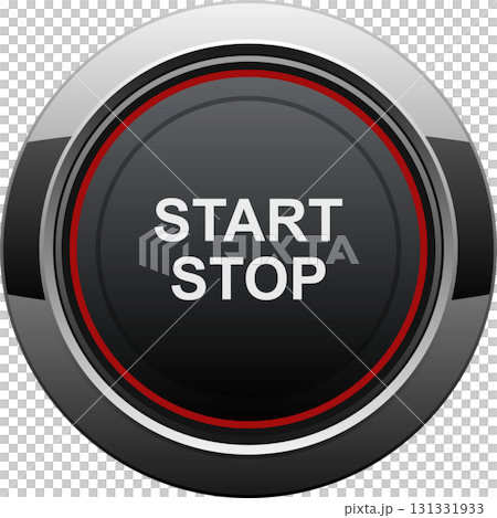A round Start/Stop button with a silver and grey border and a red accent line for immediate use. A round Start/Stop button with a silver and grey border and a red accent line for immediate use. 131331933