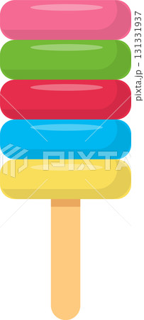 Colorful ice pop with multiple layers of various flavors stacked on a wooden popsicle stick. Colorful ice pop with multiple layers of various flavors stacked on a wooden popsicle stick. 131331937