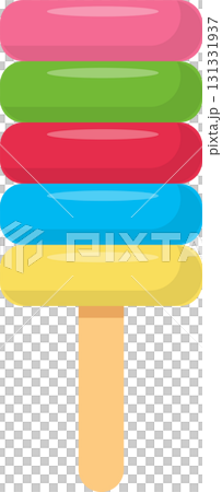 Colorful ice pop with multiple layers of various flavors stacked on a wooden popsicle stick. Colorful ice pop with multiple layers of various flavors stacked on a wooden popsicle stick. 131331937