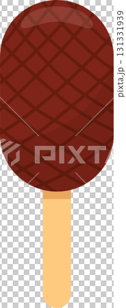 Brown confection on a stick. Oval dessert with diamond pattern on a light-colored stick. 131331939
