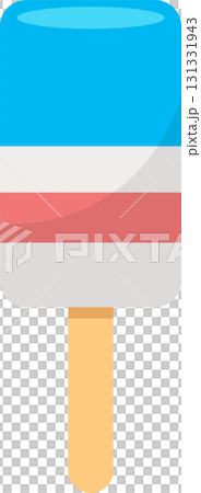 A colorful ice cream bar with blue, white, and pink layers sits on a wooden stick. 131331943