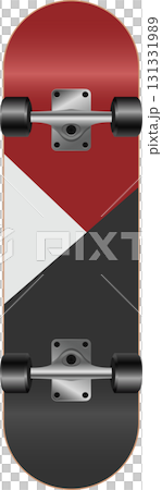 A minimalist skateboard with geometric color-blocking in red, white, and black stands upright. A minimalist skateboard with geometric color-blocking in red, white, and black stands upright. 131331989