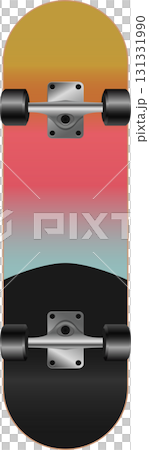 A skateboard with a sunset design and black wheels sits vertically in a studio setting. A skateboard with a sunset design and black wheels sits vertically in a studio setting. 131331990