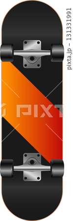 A skateboard with a black and orange diagonally split design, metal trucks, and black wheels. A skateboard with a black and orange diagonally split design, metal trucks, and black wheels. 131331991