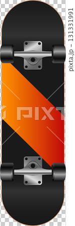 A skateboard with a black and orange diagonally split design, metal trucks, and black wheels. A skateboard with a black and orange diagonally split design, metal trucks, and black wheels. 131331991