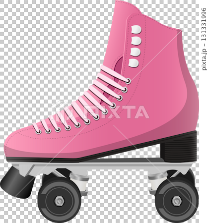 A bright pink roller skate with white laces and black wheels, designed for retro fun and fitness. 131331996
