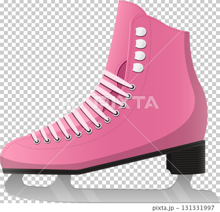 A pink ice skate with white laces is depicted, ready for winter fun on the ice rink. 131331997