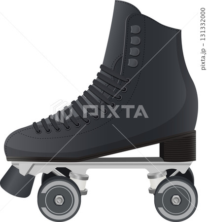 A single black roller skate is pictured with a high-top boot and four wheels on a dark background. 131332000