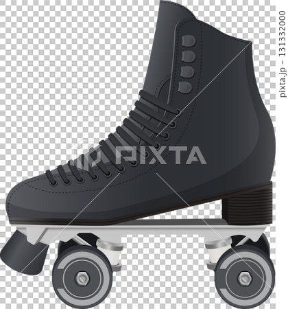 A single black roller skate is pictured with a high-top boot and four wheels on a dark background. 131332000