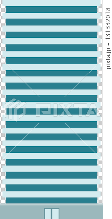 Modern office building facade with alternating dark and light teal horizontal stripes and gray base. 131332018