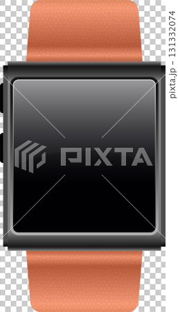 Digital watch with metallic frame and a textured orange strap, against a solid black backdrop. 131332074