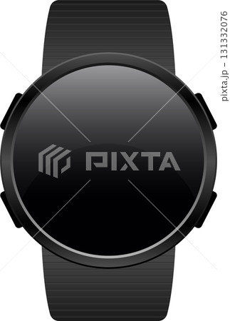 A sleek, round, black wearable device with a smooth surface and a matching band, minimalist. 131332076