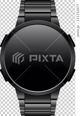 Sleek black wristwatch with a round face and metal band, presented against a black background. Sleek black wristwatch with a round face and metal band, presented against a black background. 131332077