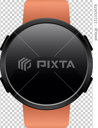 A round smart watch with a blank screen and an orange textured band against a black background. 131332078