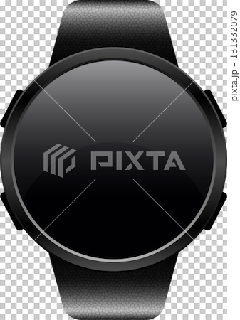 Sleek black smartwatch with a textured strap and a minimalist, round design on a black background 131332079