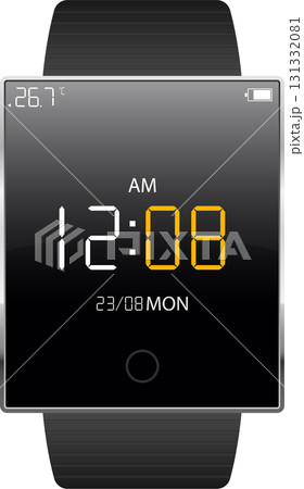 Digital smartwatch displays time, temperature, date, day of the week, and battery life. 131332081