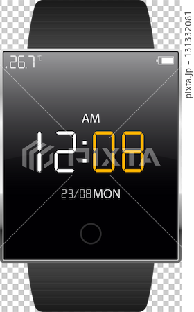 Digital smartwatch displays time, temperature, date, day of the week, and battery life. 131332081
