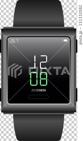 Digital watch with a sleek design, displaying the time, date, temperature, and battery life. 131332082