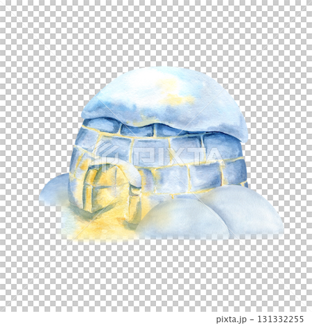 Igloo with light inside, snow on top, snowdrift. Watercolor glowing icehouse ice blocks. North traditional winter house of Inuit. Isolated clip art Christmas landscape design, children's book, card 131332255