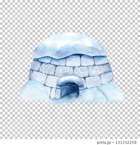 Igloo with snow on top, snowdrift. Watercolor icehouse ice blocks. North traditional winter house of Inuit. Clip art isolated from background for landscape design, children's educational book 131332258