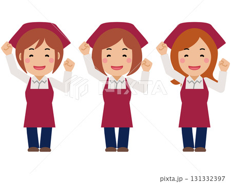 大きな身振りで応援。真紅のエプロンと三角巾の女性 大きな身振りで応援。真紅のエプロンと三角巾の女性 131332397