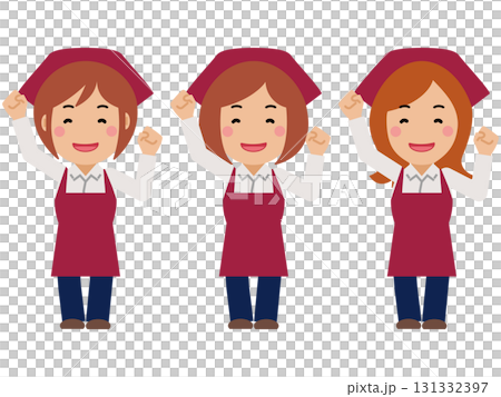 大きな身振りで応援。真紅のエプロンと三角巾の女性 大きな身振りで応援。真紅のエプロンと三角巾の女性 131332397