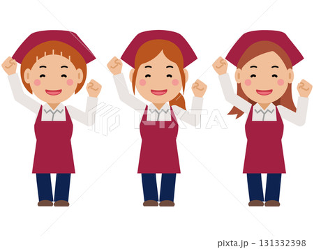 大きな身振りで応援。真紅のエプロンと三角巾の女性。その2 131332398