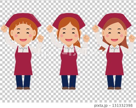 大きな身振りで応援。真紅のエプロンと三角巾の女性。その2 131332398
