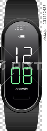 A sleek digital watch displays the time as 12:08 AM, the date, and the temperature on screen. 131332428