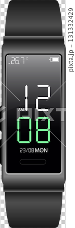 Digital wristwatch showing the time, date, temperature, and battery level on a black screen. 131332429