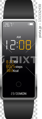 Close-up of a fitness tracker displaying the time, distance, steps, and calories burned on the screen. 131332430