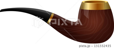 Classic tobacco pipe with a wooden bowl, black stem, and gold accents on a black background. 131332435