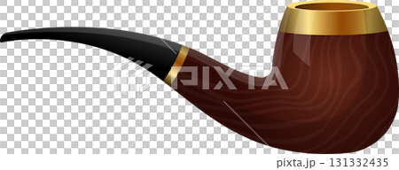Classic tobacco pipe with a wooden bowl, black stem, and gold accents on a black background. Classic tobacco pipe with a wooden bowl, black stem, and gold accents on a black background. 131332435