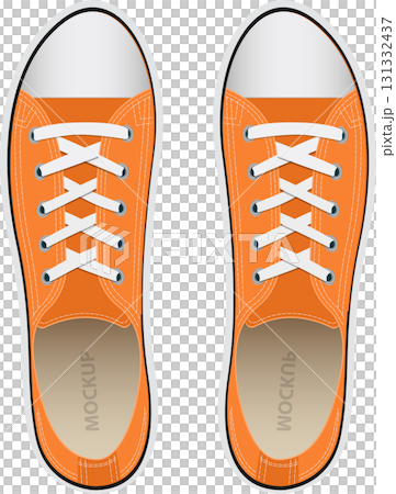A pair of orange canvas sneakers with white laces, viewed from above, on a transparent background. 131332437