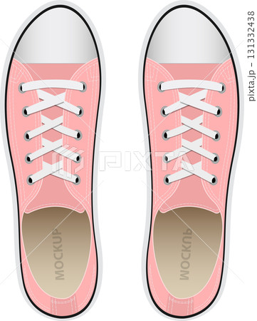 Two pink canvas sneakers face up, laced with white laces and rubber soles, in a vector style. 131332438