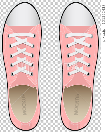 Two pink canvas sneakers face up, laced with white laces and rubber soles, in a vector style. Two pink canvas sneakers face up, laced with white laces and rubber soles, in a vector style. 131332438
