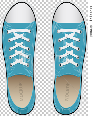 Pair of light blue canvas sneakers viewed from above. The footwear has white laces and accents. Pair of light blue canvas sneakers viewed from above. The footwear has white laces and accents. 131332441