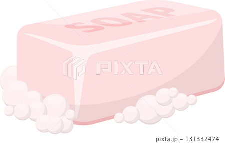 Illustration of a soap bar creating bubbles, ideal for hygiene, cleanliness, or bathroom themes. 131332474