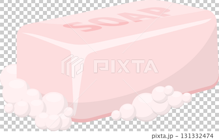 Illustration of a soap bar creating bubbles, ideal for hygiene, cleanliness, or bathroom themes. 131332474