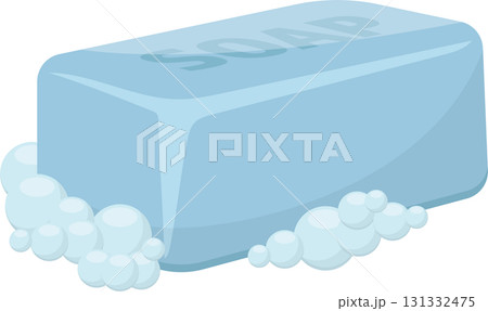 Cartoon style light blue bar of soap with the word 'SOAP' on it and bubbly foam underneath. Cartoon style light blue bar of soap with the word 'SOAP' on it and bubbly foam underneath. 131332475