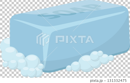 Cartoon style light blue bar of soap with the word 'SOAP' on it and bubbly foam underneath. Cartoon style light blue bar of soap with the word 'SOAP' on it and bubbly foam underneath. 131332475