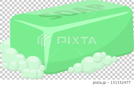 A block of green bar soap with sudsy bubbles at its base. The word soap is also visible. 131332477