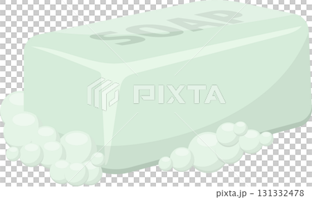 Illustration of a bar of soap with bubbles, often used for washing, hygiene, and cleanliness. 131332478