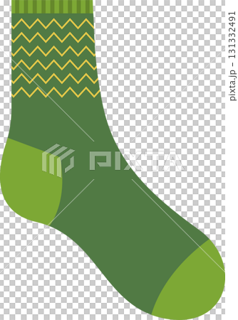 Stylized green sock with yellow chevron design and lighter green heel and toe on black backdrop. 131332491