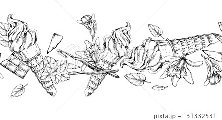Mint leaves on soft ice cream swirl in waffle cone with chocolate bits, vanilla flower pods. Vector graphic seamless banner border hand drawn in pen and ink. Dessert art, cafe sheet, summer fair decor 131332531