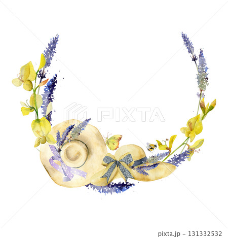 Natural straw hat with lavender, ribbon bow, spartium flower stalks. Isolated wreath frame illustration hand drawn in watercolor. Farmgirl aesthetic, countryside event logo, romantic lifestyle art. 131332532