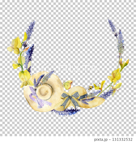 Natural straw hat with lavender, ribbon bow, spartium flower stalks. Isolated wreath frame illustration hand drawn in watercolor. Farmgirl aesthetic, countryside event logo, romantic lifestyle art. 131332532