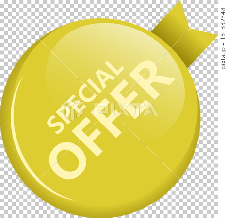 Shining yellow badge displays 'Special Offer' to entice customers with a sales promotion. 131332548